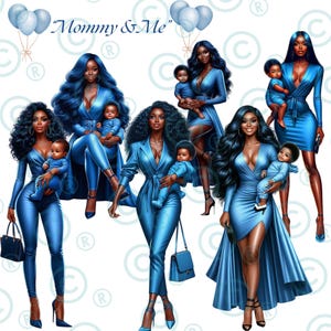 Mommy & Me PNG Bundle | Stylish Black Mom Clipart | African American Mother and Baby Blue Fashion Art | Melanin Family Digital Download