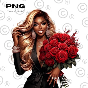 Ragazza nera di San Valentino in formato PNG | Clipart della regina dell'amore | Adesivo romantico | Elegante donna nera con fiori | PNG dell'anniversario |