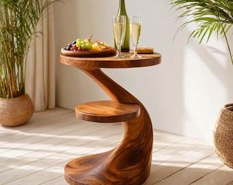 Mesa auxiliar de madera maciza con forma de S curva, mesa redonda escultural con estante.