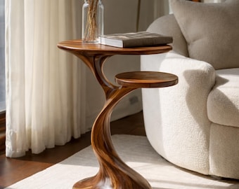 Solid Wood Side Table, Handmade Sculptural End Table with Floating Shelf, Organic Accent Table