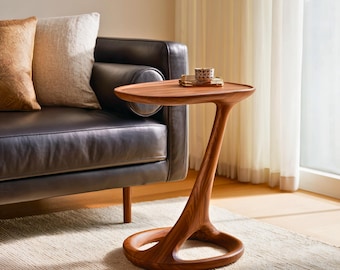 Mesita auxiliar de madera maciza, mesa auxiliar con pedestal hecha a mano y base en forma de bucle, mesa auxiliar redonda.