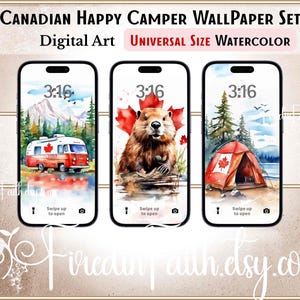 Könnte beinhalten: Ein Set aus drei digitalen Handy-Hintergrundbildern mit kanadischem Thema. Das erste Hintergrundbild zeigt einen rot-weißen Wohnwagen, der durch einen Wald fährt. Das zweite Hintergrundbild zeigt einen Braunbären mit einer kanadischen Flagge auf dem Rücken. Das dritte Hintergrundbild zeigt ein rot-weißes Zelt in einer Waldlandschaft. Alle drei Hintergrundbilder haben einen Aquarell-Stil.