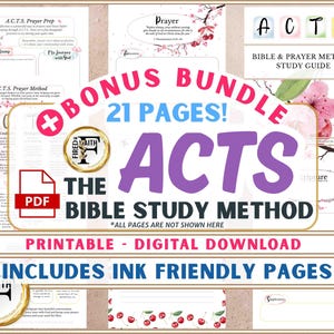 May include: A printable PDF Bible study guide for the book of Acts. The guide includes 21 pages with a pink cherry blossom design and the text "BONUS BUNDLE 21 PAGES! ACTS THE BIBLE STUDY METHOD *ALL PAGES ARE NOT SHOWN HERE PRINTABLE - DIGITAL DOWNLOAD INCLUDES INK FRIENDLY PAGES".