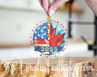 Adorno de vidrio patriótico estadounidense-canadiense 2025: recuerdo de doble nacionalidad, decoración para árbol de Navidad, regalo para nuevos ciudadanos con doble nacionalidad - n.° 1311