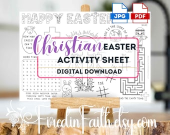 Hoja de actividades cristianas de Pascua imprimible para niños: juegos bíblicos, página para colorear, sopa de letras, escuela dominical, diversión de Pascua basada en la fe