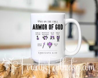 Taza de café cristiana / Taza con versículo bíblico / Taza inspiradora / Regalo de fe / Armadura de Dios / Regalos cristianos para mujeres / Taza con las Escrituras / Taza de estudio