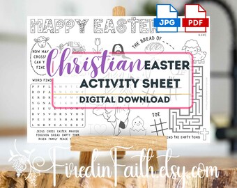 Hoja de actividades de Pascua de Jesús imprimible para niños: juegos bíblicos, página para colorear, sopa de letras, escuela dominical, diversión de Pascua basada en la fe