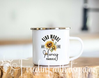 Taza de café cristiana / Taza de campamento con versículo bíblico, Taza de café con fe, Regalo religioso, Las palabras amables son como la miel, Taza con las Escrituras, Regalo de iglesia