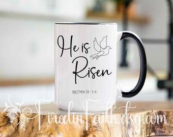 Taza cristiana "Él ha resucitado" / Taza con versículo bíblico / Regalo inspirador de fe / Regalo religioso / Regalos cristianos para mujeres / Taza con las Escrituras