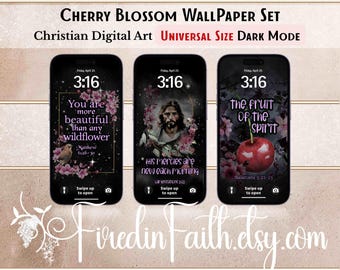 Fondo de pantalla cristiano para teléfono con flores de cerezo / Modo oscuro con versículos bíblicos (Descarga digital)