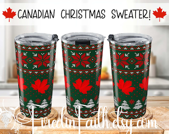 Vaso con diseño de suéter navideño, hoja de arce canadiense, taza navideña de 20 oz