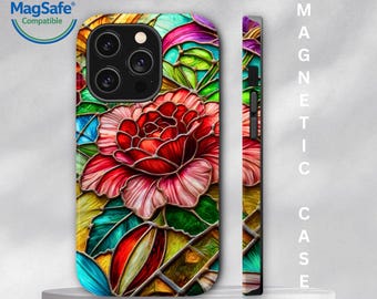 Rose Stained Glass MagSafe Phone Case for Apple iPhone 17 - 13 and Samsung Galaxy s26, Faux Glass, Best Gift for Birthdays or Sympathy