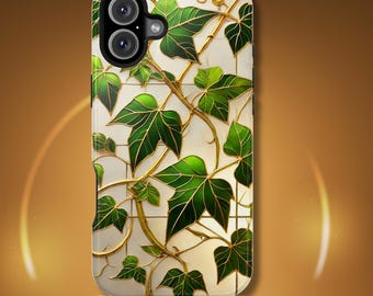May include: A phone case featuring a botanical design. The case has a white background with a grid pattern, adorned with green ivy leaves and gold-colored vines. The phone's camera lenses are visible at the top.