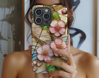 Sakura Bloom iPhone Case: Faux Stained Glass Floral Design, MagSafe Compatible