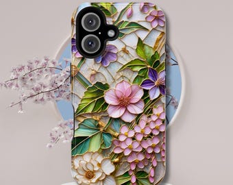 Pink Flowers Stained Glass iPhone Case: MagSafe Compatible