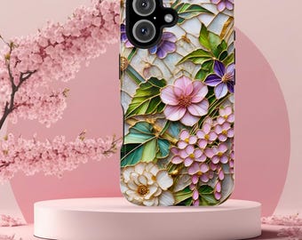 Pink Flowers Stained Glass iPhone Case: MagSafe Compatible