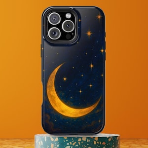 Midnight Sky iPhone Case: Golden Moon Stars Magnetic Tough Case
