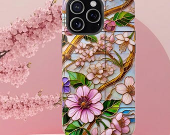 Cherry Blossom Stained Glass iPhone Case: MagSafe Compatible