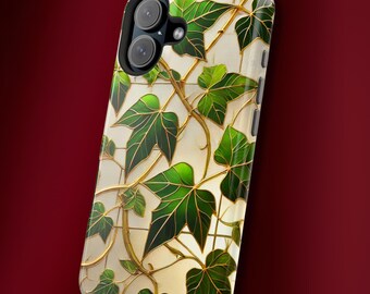 May include: A phone case featuring a botanical design. The case has a cream-colored background with a pattern of green ivy leaves and gold-colored vines. The phone case has a dual-lens camera and a black frame.