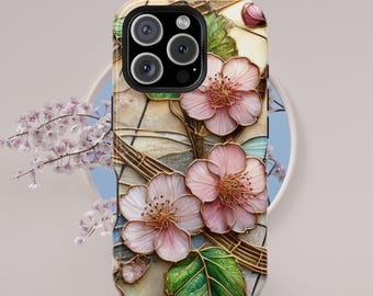 Sakura Bloom iPhone Case: Faux Stained Glass Floral Design, MagSafe Compatible