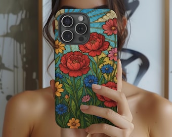 Peony Sunset Stained Glass iPhone Magsafe Case: Floral Magnetic Phone Cover