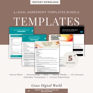May include: A bundle of five legal agreement templates including a House Rent Agreement, Non-Disclosure Agreement, Virtual Assistant Amazon Service Agreement, Social Media Handling Agreement, and Partnership Agreement, presented as digital documents.