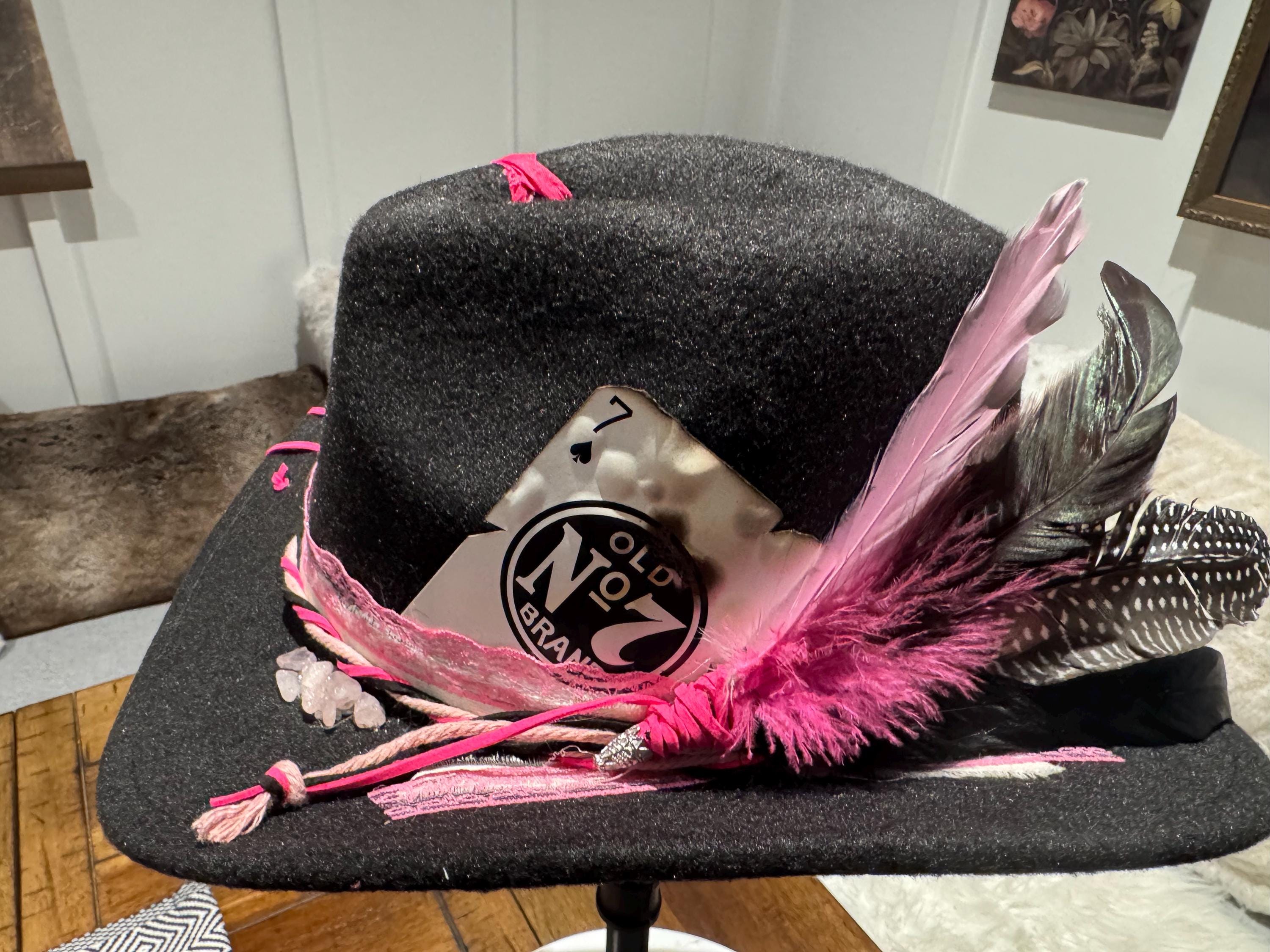 Burned fedora / cowboy hat Vibrant Pink with one of kind velvet and feather band 20251101_175005_jpg_57e591e4-  main image 4