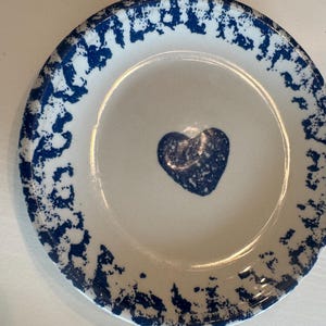 Folk Craft Hearts Stoneware Plates | Spongeware | Sponge Blue Hearts - Set of 8