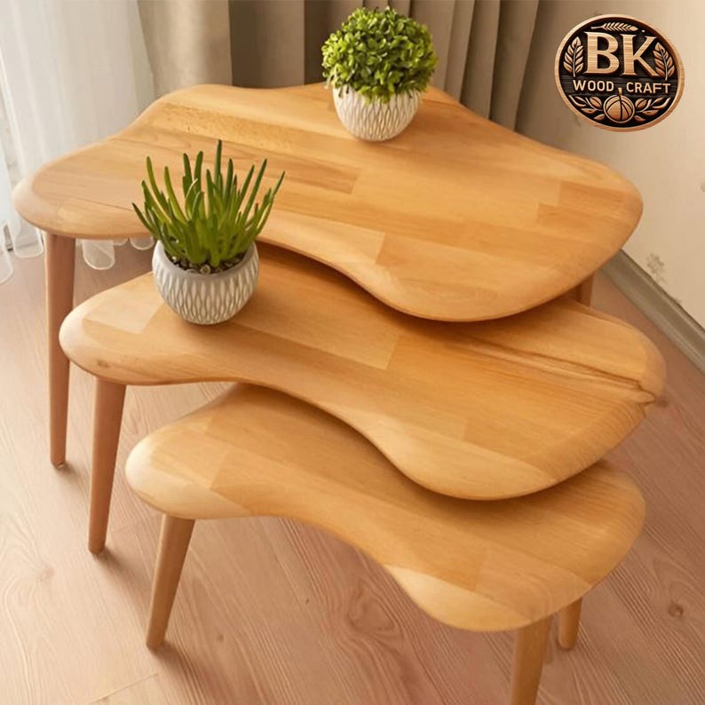 Set of 3 Natural Wood Nesting Coffee and End Tables