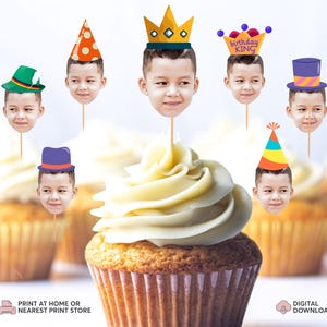 Face Cupcake Topper | Custom Baby Face Cupcake Topper | Birthday Cupcake Topper | Custom Party Hat On Face Cupcake Toppers | Photo Toppers