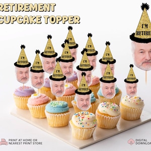 Topper per cupcake con foto di pensionamento / Decorazioni per feste personalizzate con volti / Topper per cupcake personalizzati divertenti / Decorazioni uniche per torte per feste di pensionamento