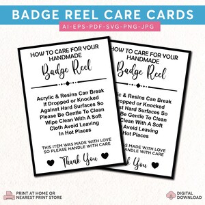 Puede incluir: Dos tarjetas de cuidado en blanco y negro para carretes de insignia hechos a mano. Las tarjetas tienen el texto "Cómo cuidar su carrete de insignia hecho a mano" e instrucciones de cuidado. Las tarjetas también dicen "Este artículo fue hecho con amor, así que por favor manéjelo con cuidado" y "Gracias".