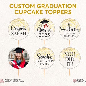 Custom Graduation Cupcake Toppers 2025 | 6 Custom Cupcake Grad Decor | Printable Graduation Party Face Custom Photo Cupcake Topper