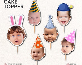 Custom Face Cupcake Topper | Baby Face Birthday Topper | Personalized Photo Cupcake Topper | Party Hat Face Toppers | Custom Cake Decoration
