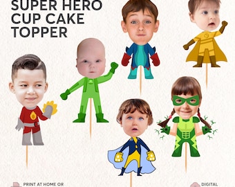 Adornos para cupcakes con caras de superhéroe de cómic / Adornos personalizados para cupcakes con cara de bebé / Adornos con fotos de superhéroes / Adornos para cupcakes de Spiderman