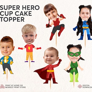 Custom Superhero Face Cupcake Toppers | Comic Book Baby Photo Toppers | Spiderman Party Decor | Personalized Hero Cupcake Toppers