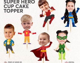 Adornos personalizados para cupcakes con caras de superhéroe / Adornos para fotos de bebés de cómic / Decoración para fiestas de Spiderman / Adornos personalizados para cupcakes de héroe