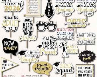 2026 Graduation Photo Booth Props Printable | Graduation Props | Class of 2026 Party Decor | Graduation Black Gold Props | Instant Download