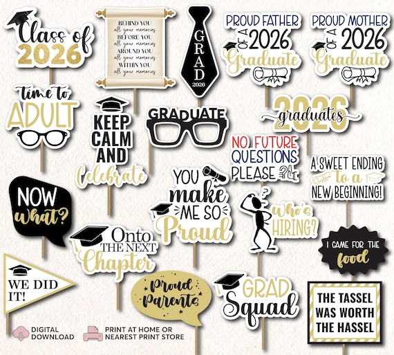 2026 Graduation Photo Booth Props Printable | Graduation Props | Class of 2026 Party Decor | Graduation Black Gold Props | Instant Download
