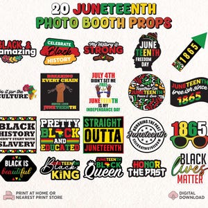 May include: A collection of 20 Juneteenth photo booth props with various designs and text. The props feature phrases like "Black & Amazing," "Celebrate Black History," and "Black Lives Matter." The props are colorful and include graphics.