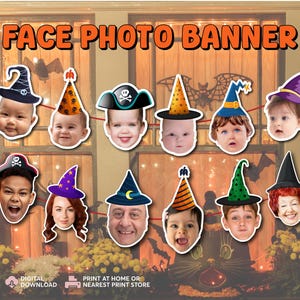 Puede incluir: Un banner de Halloween con el texto "FACE PHOTO BANNER" en naranja. Muestra caras con sombreros de Halloween, como sombreros de bruja, de pirata y de fiesta. Descarga digital e impresión.