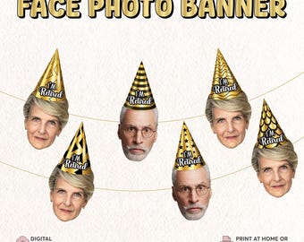 May include: A printable banner with gold and black party hats that say "I'm Retired" and have space for photos. The banner is perfect for a retirement party.