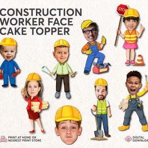 Puede incluir: Una colección de adornos para pasteles con caras de trabajadores de la construcción. Los adornos presentan varias figuras de dibujos animados con cascos amarillos y atuendos de construcción. El texto "CONSTRUCTION WORKER FACE CAKE TOPPER" está en la parte superior.