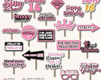 Sweet Sixteen Pink DIY Printable Photo Booth Props | Turning 16 Party Decorations | Fun Birthday Party Props for Photobooth