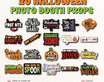 May include: A collection of 20 Halloween photo booth props with various phrases and graphics. The props include speech bubbles, signs, and cutouts with text like "Boo'licious", "Zoomie Zone", and "Drink Up Witches". The color palette is orange, green, black, and white.