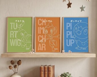 Minimalistische Sinnoh-posterset van 3, print van de starters van Pokémon Sinnoh, evolutieposter van Turtwig, Chimchar en Piplup, Pokémon van de 4e generatie, decoratie voor gamers