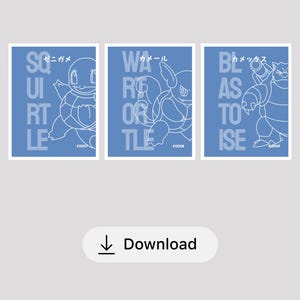 Squirtle Wartortle Blastoise Poster Set, 3 Piece Minimalist Pokemon Wall Art, Water Type Japanese Style Decor, Blue Aesthetic, Water starter