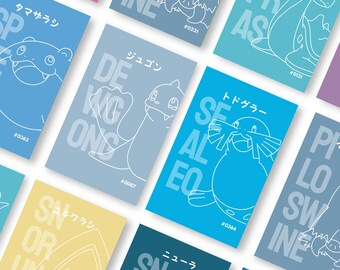 Minimalistische ijs-Pokémon poster A4, lijntekening Pokémon print generatie 1 2 3 Kanto Johto Hoenn, ijstype evolutiepakket, Lapras Cloyster Snorunt kunst