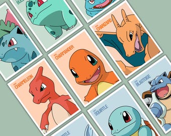 Pokemon Gen 1 Starters Poster Set, Kanto Retro Prints, Bulbasaur Charmander Squirtle Wall Art, Room Decor Gaming , Pokemon Anime Print A4
