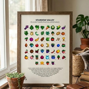 Stardew Valley Poster, Pelican Town Crops and Foraging Chart, Farmhouse Game Room Decor, Stardew Valley Gift, Pixel Art Farming Print